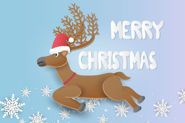 Merry Christmas and Happy New Year. Illustration of Reindeer is wearing a Santa Claus hat with snowflakes.