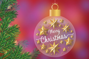 Merry Christmas and Happy New Year. Illustration of Gold stars in Christmas ball with Pine leaves.