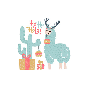 Cute alpaca Christmas greeting card vector templates for kids with cactus, gift boxes, funny color llama with handwritten text - Ho-ho-ho-la. Llama in antlers Decorates Cactus with Christmass balls.