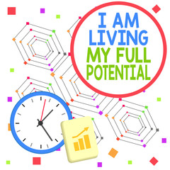 Handwriting text I Am Living My Full Potential. Conceptual photo Embracing opportunities using skills abilities Layout Wall Clock Notepad with Escalating Bar Graph and Arrow Pointing Up