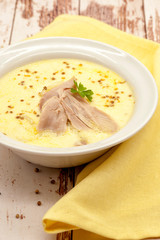 Thick creamy chicken soup.