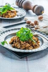 Mushroom, chorizo and thyme risotto with rocket lettuce