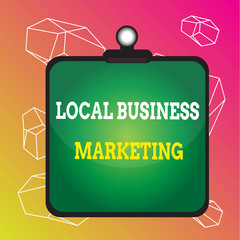 Word writing text Local Business Marketing. Business photo showcasing Localized specification on Store characteristic Clipboard colorful background spring clip stuck bind empty plank frame