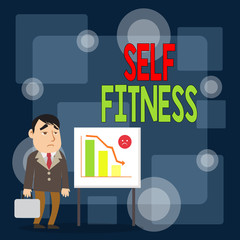 Writing note showing Self Fitness. Business concept for state of health and wellbeing and the ability to perform Businessman with Brief Case Standing Whiteboard Bar Chart