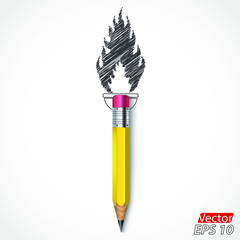 3d pencil with drawn torch fire