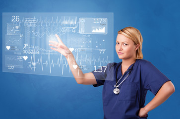 Doctor touching hologram screen displaying healthcare running symbols