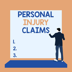 Text sign showing Personal Injury Claims. Business photo text being hurt or injured inside work environment Back view young man dressed suit standing platform facing blank rectangle