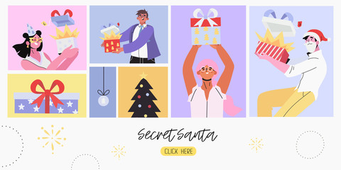 Secret Santa and christmas or new year banner, flyer, landing page with people receive presents or open gift boxes from unknown senders. People in costumes, gift box and fir-tree in square frames.