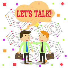 Writing note showing Let S Talk. Business concept for they are suggesting beginning conversation on specific topic Two White Businessmen Colleagues with Brief Cases Sharing Idea Solution