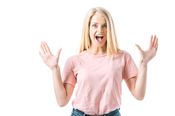 Fototapeta na wymiar excited woman with opened mouth gesturing isolated on white