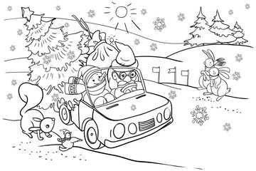 Coloring book for children, New Year and Christmas holidays, Santa Claus car in a hurry for the holiday, cartoon characters, animals, Christmas tree, vector clip art