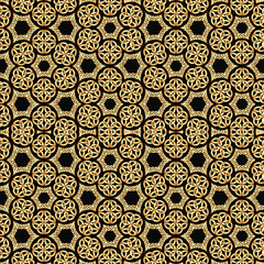 Vector Illustration of Beautiful Geometric Kaleidoscope  Abstract Seamless Pattern or Texture in Gold Color on Black Background for Interior / Exterior Works, Background, Backdrop, or Wallpaper.