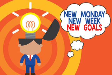 Word writing text New Monday New Week New Goals. Business photo showcasing Be positive every start of the week Standing successful man suit necktie surging brilliant innovative solutions