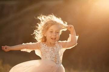Fototapeta na wymiar Portrait of a beautiful little princess girl in a pink dress. Posing in a field at sunset