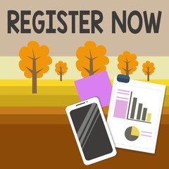 Writing note showing Register Now. Business concept for official list or record showing or things into web or forum Layout Smartphone Sticky Notes with Pie Chart and Bar Graph