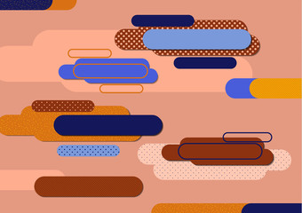 Abstract dynamic composition of rounded shapes, lines, stripes, rectangles, points. Modern style geometric background, minimalistic motion design element.
