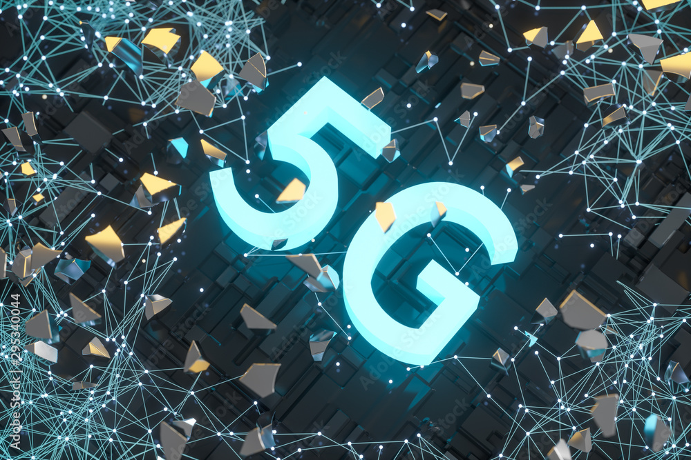 Poster 3d rendering, 5g font and circuit background