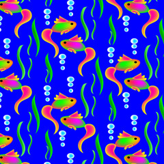 Multi-colored fish, seaweed on a blue background. .Pattern. Isolated. Vector illustration