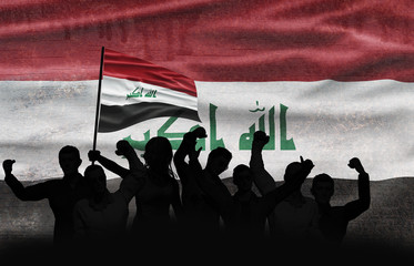 Political relationships. Iraqi Flag background with protesting people. Conflict and revolution. - obrazy, fototapety, plakaty