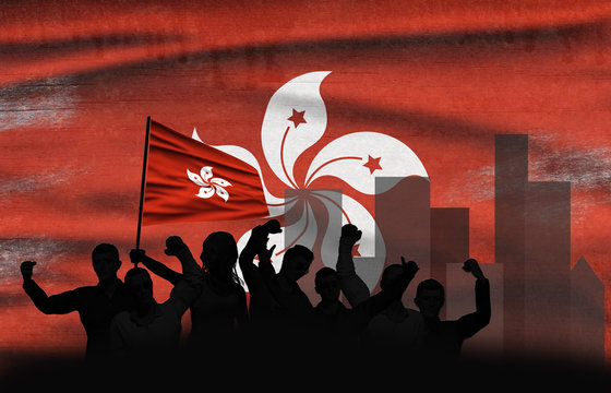 Political relationships. Hong Kong Flag background with protesting people. Hong Kong demonstration.