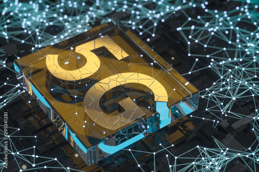 Poster 3d rendering, 5g font and circuit background