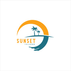 simple illustration of palm tree and sunset for logo design inspiration