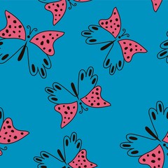 Seamless pattern with butterfly on blue background, vector illustration