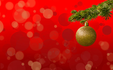red Christmas tree scene background. Fir tree with golden glitter ball.