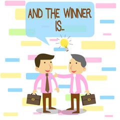 Writing note showing And The Winner Is. Business concept for announcing a demonstrating or thing that wins something Two White Businessmen Colleagues with Brief Cases Sharing Idea Solution