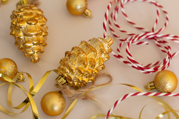 christmas balls with ribbon on white background