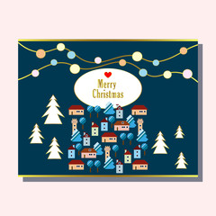 greeting invitation card template design with winter houses and graphic trees, design for banner, flyer, invitation, poster, web site or greeting card. Vector illustration