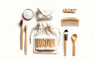 Set of eco natural bathroom accessories on white background. Zero waste concept. Plastic free. Flat lay style.