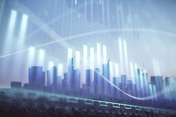 Forex chart on cityscape with skyscrapers wallpaper double exposure. Financial research concept.