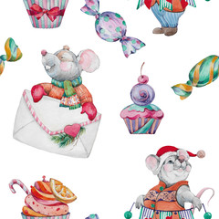 Flat rat ornate illustration for New Year 2020..Seamless pattern with cute cartoon mouse with candy and cupcake..