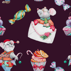 Flat rat ornate illustration for New Year 2020. A cartoon characters. Seamless pattern with cute cartoon mouse with candy and cupcake.