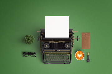  vintage typewriter paper and cup of coffee latte art on the color background