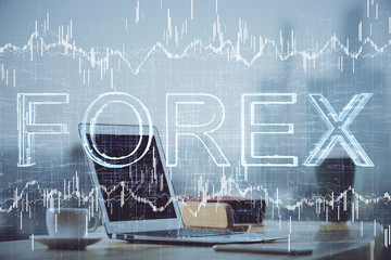 Multi exposure of chart and financial info and work space with computer background. Concept of international online trading.