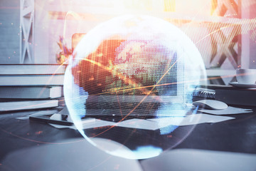 Multi exposure of business theme icons and table with computer background. Concept of success.