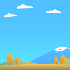 Autumn landscape of nature. Glade, yellow trees, forest, mountain with a snowy peak, blue sky with clouds. Cartoon vector square illustration.