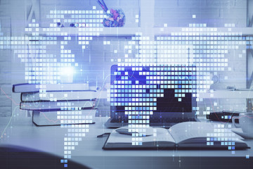 Multi exposure of business theme icons and table with computer background. Concept of success.