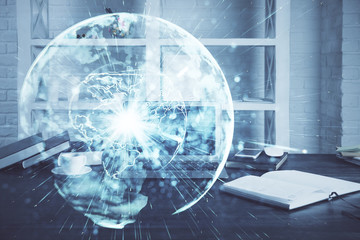 Multi exposure of business theme icons and table with computer background. Concept of success.