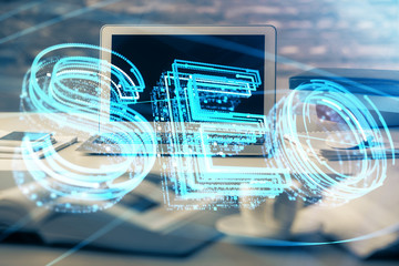 Multi exposure of table with computer and seo drawing hologram. Search optimization concept.