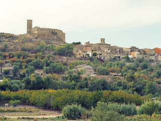 Fototapeta na wymiar Medieval traditional Catalan village with brown stone walls, on a hill. Rural panorama of Spain with olive gardens, provincial buildings and yellow-orange-green foliage on an autumn day