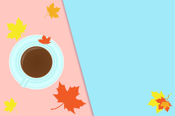 An autumn cup of hot coffee is on the table, colored maple leaves are scattered around, top view. Vector EPS 10