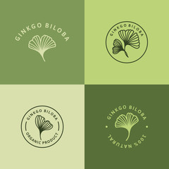 Set of Ginkgo Biloba Leaf green badge and icon in trendy linear style - Vector round Logo of gingko 100 percent natural.