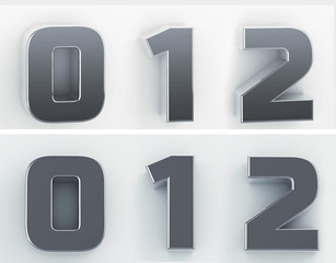 3d rendering of the numbers 0, 1, 2 in blushed metal of a white isolated background. 3D render.