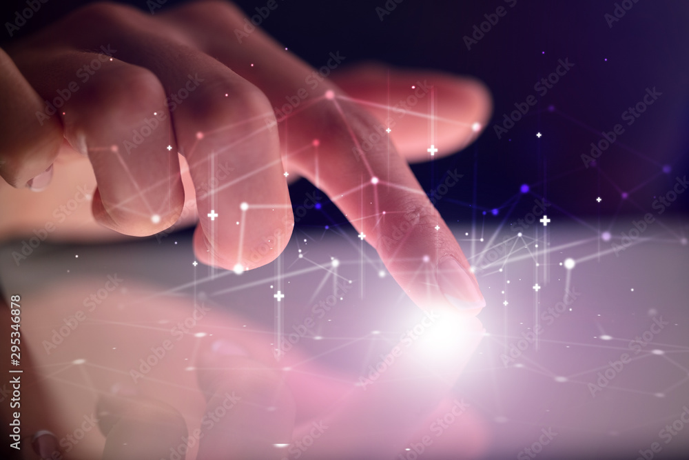 Poster finger touching tablet with global network concept and dark background