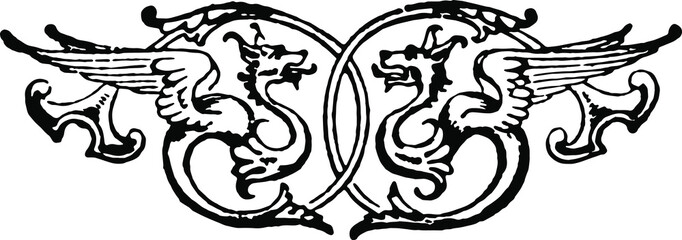 History of England 1883 - antique vintage woodcut artwork illustration facing symetric dragons, griffon or griffin.