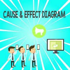 Handwriting text Cause And Effect Diagram. Conceptual photo Visualization tool to categorize potential causes SMS Email Marketing Media Audience Attraction Personal Computer Loudspeaker
