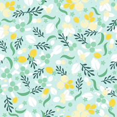 Vector flat flowers and berries seamless pattern design.